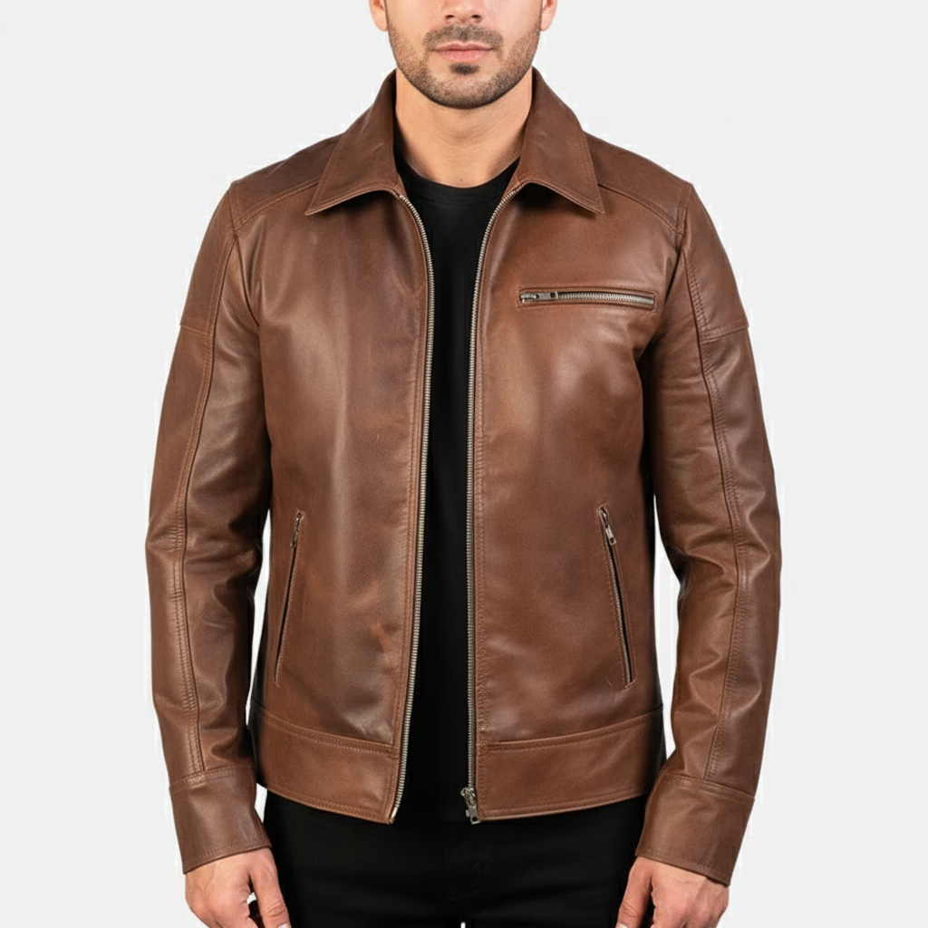 Lavendard Brown Leather Biker Jacket