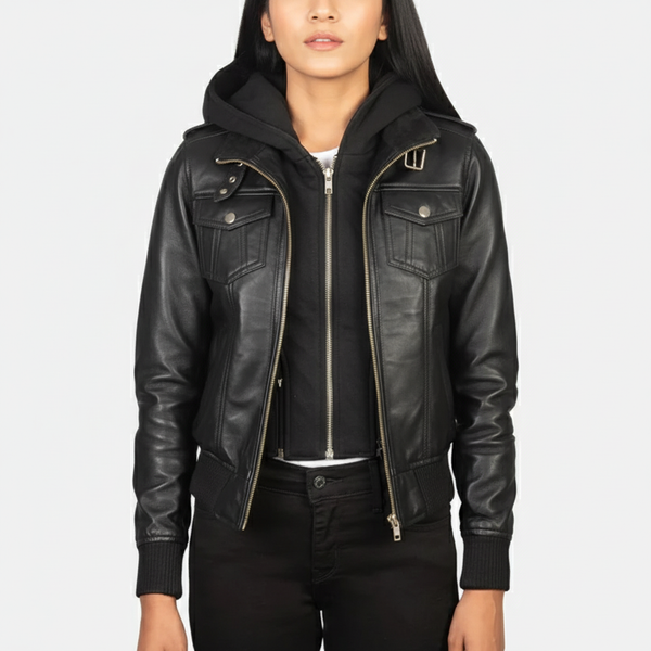 Roslyn Black Hooded Black Leather Bomber Jacket
