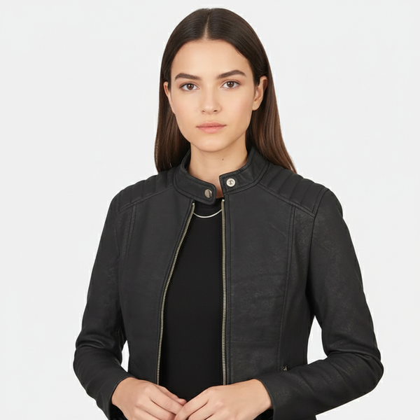 Kelsee Distressed Black Leather Biker Jacket