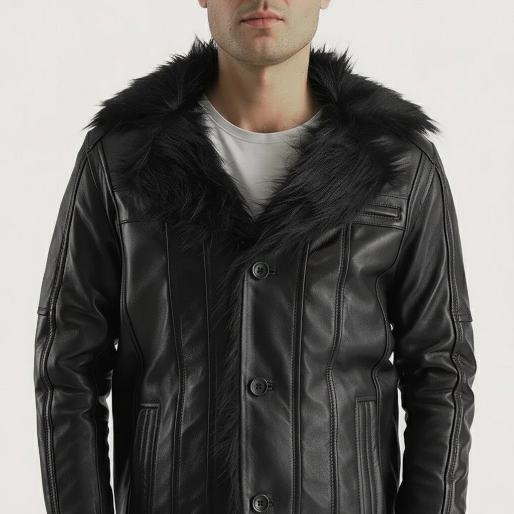 Furcliff Black Leather Coat