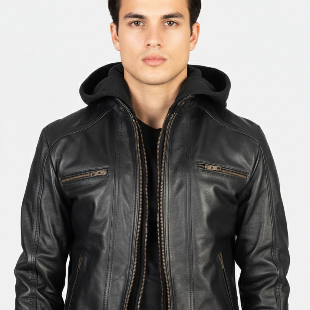 Hector Black Hooded Leather Biker Jacket