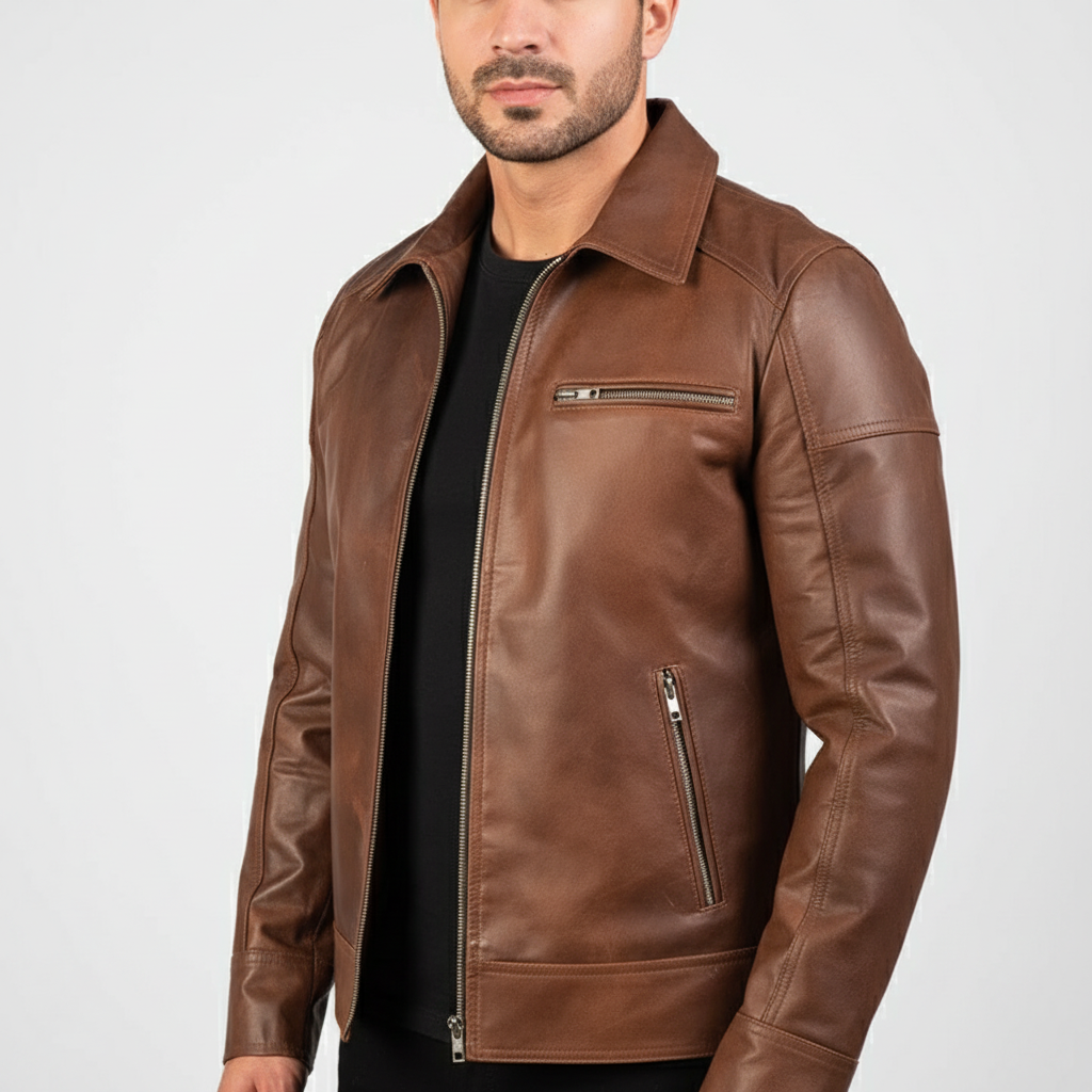 Lavendard Brown Leather Biker Jacket