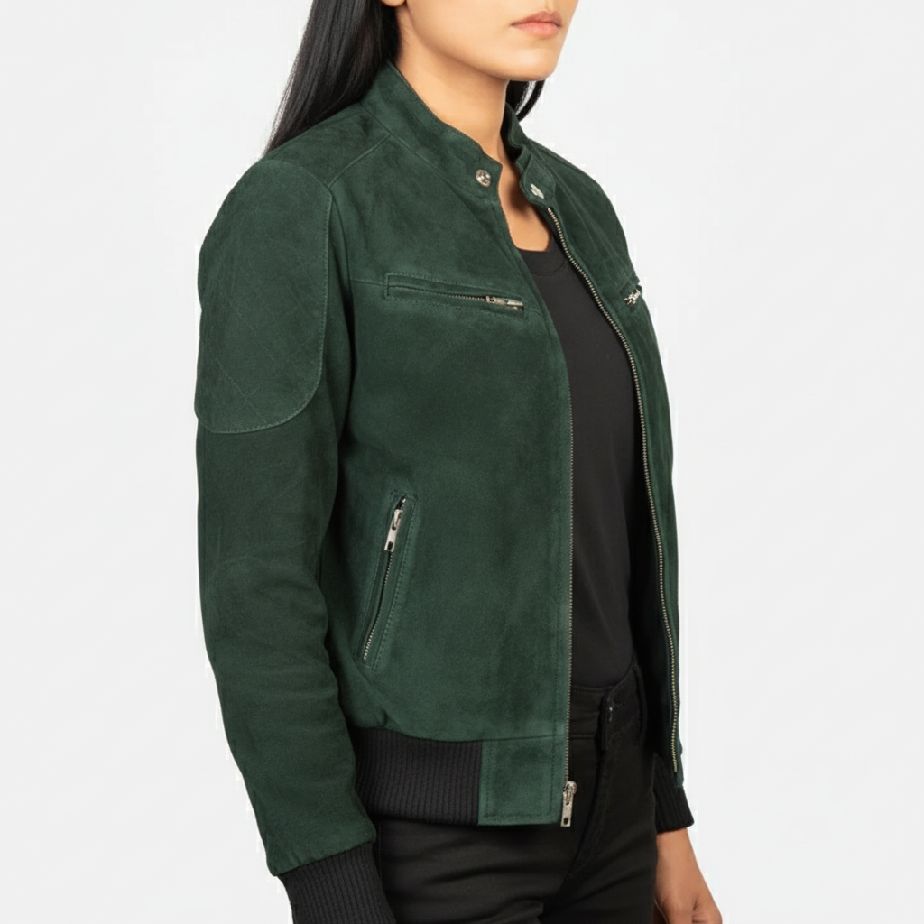 Zeena Green Suede Bomber Jacket