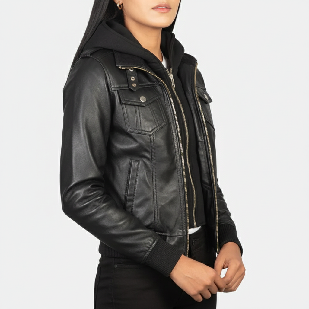 Roslyn Black Hooded Black Leather Bomber Jacket
