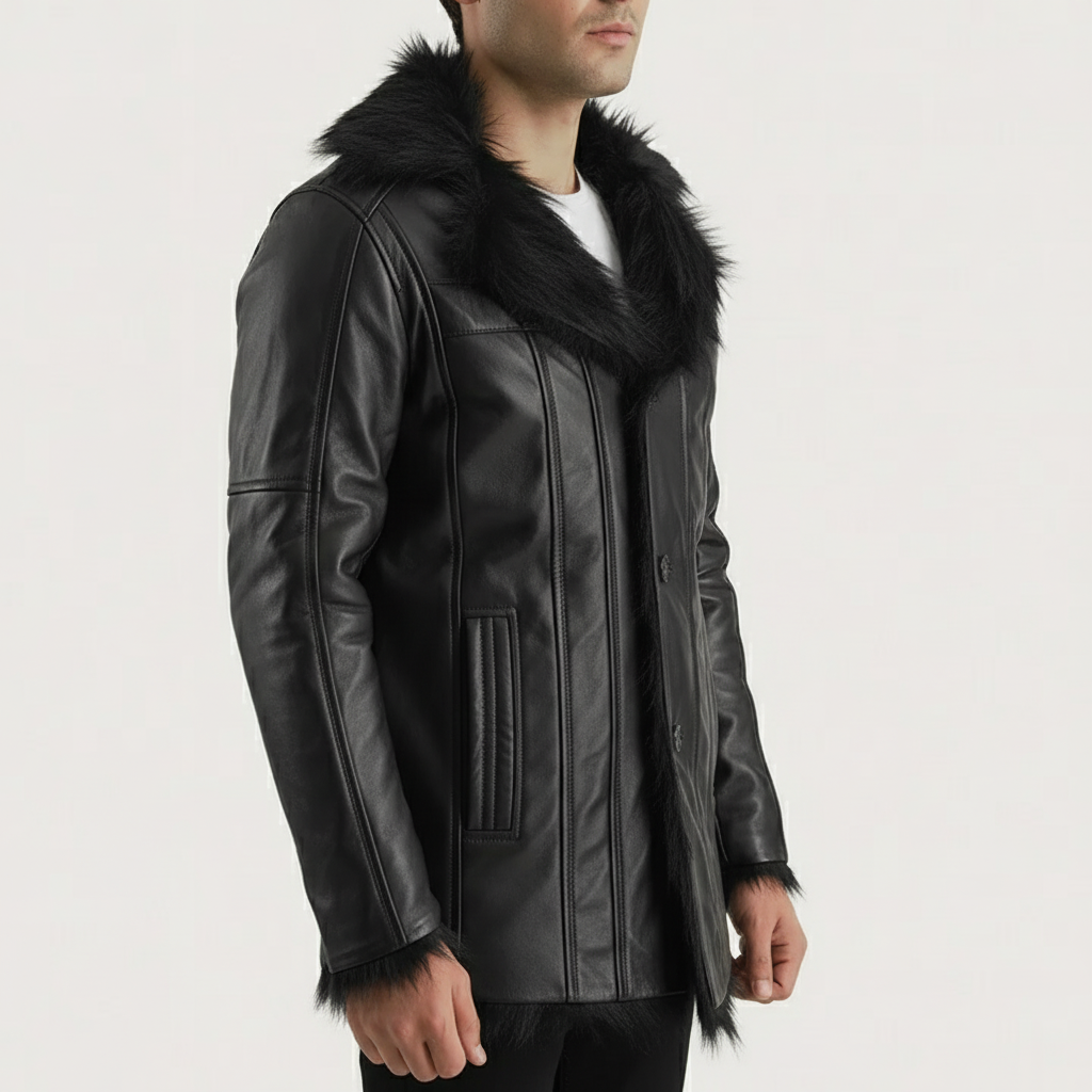 Furcliff Black Leather Coat