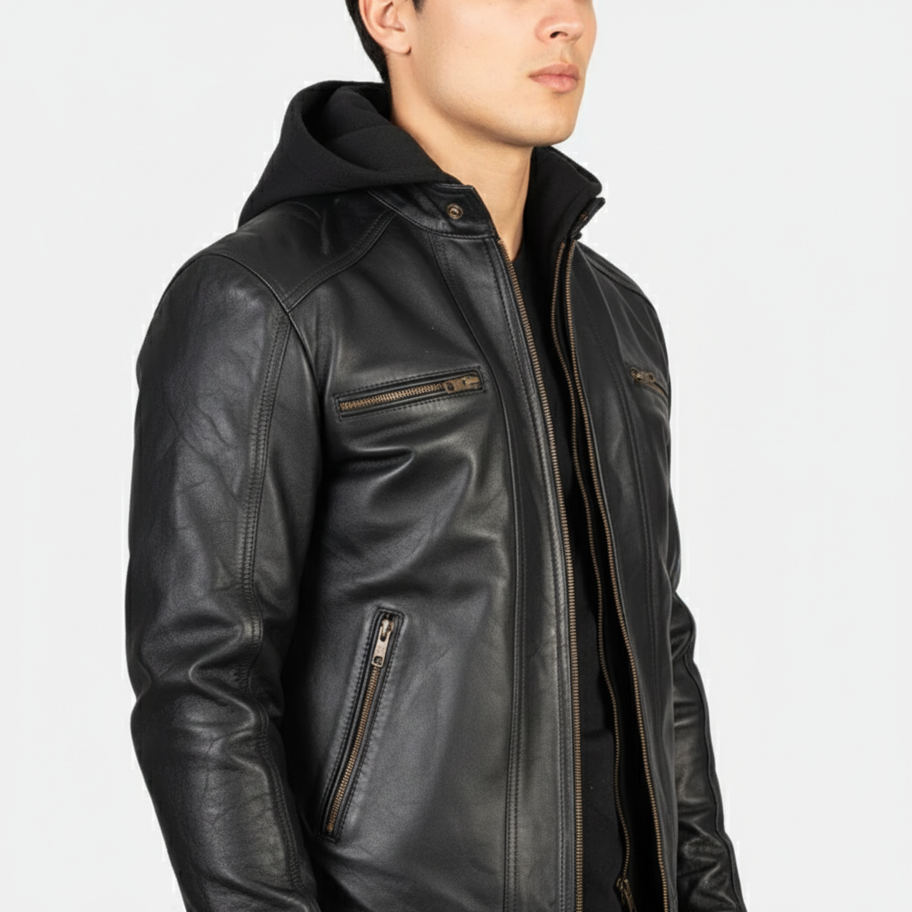 Hector Black Hooded Leather Biker Jacket