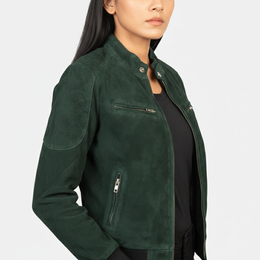 Zeena Green Suede Bomber Jacket