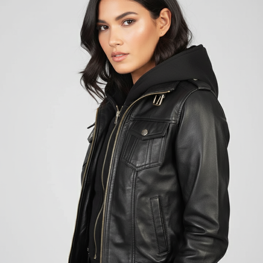 Roslyn Black Hooded Black Leather Bomber Jacket