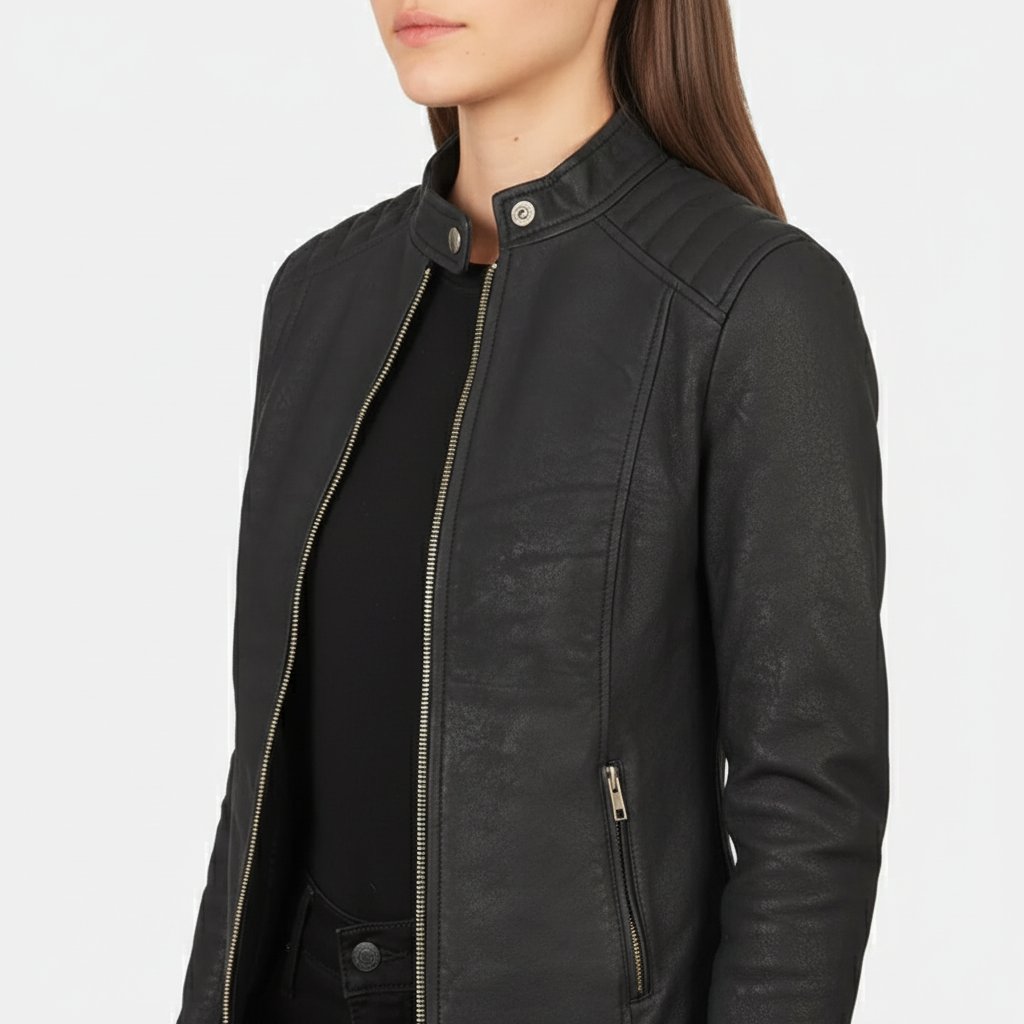 Kelsee Distressed Black Leather Biker Jacket