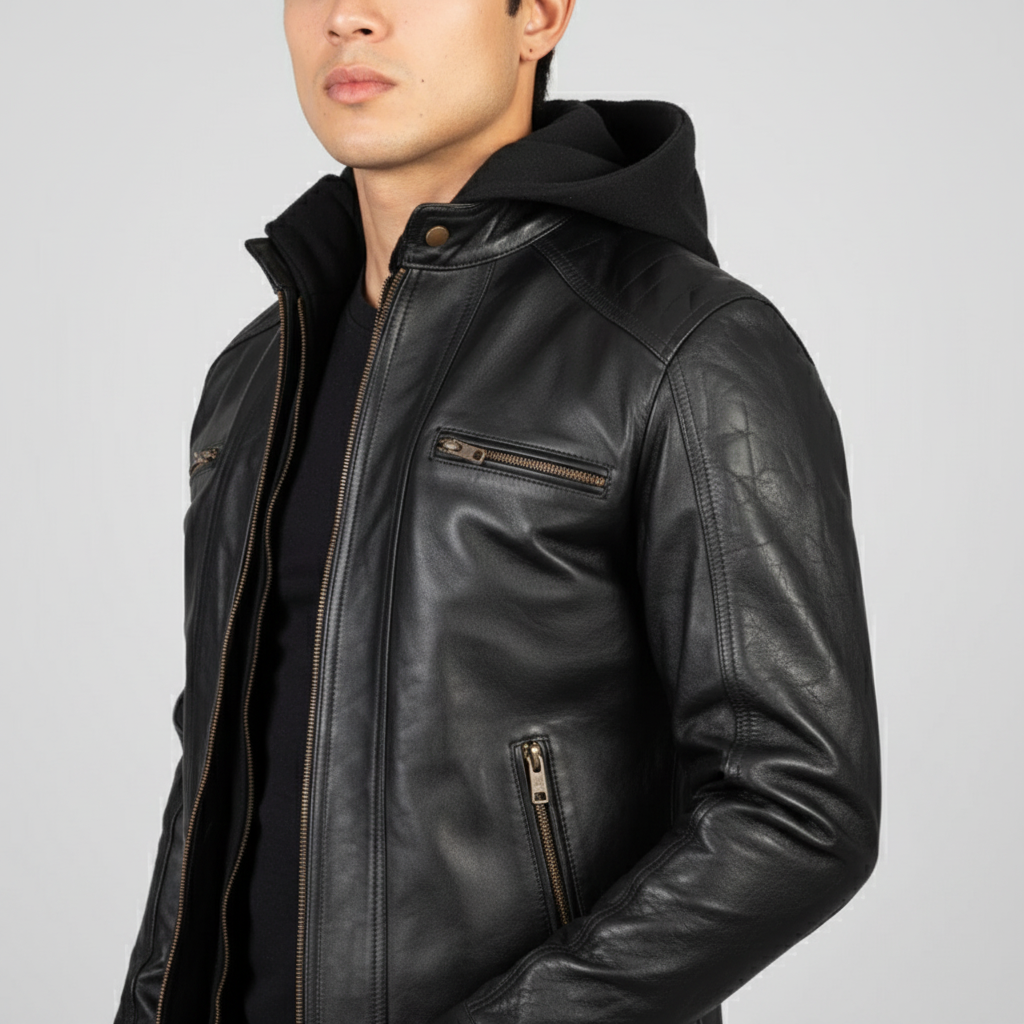 Hector Black Hooded Leather Biker Jacket
