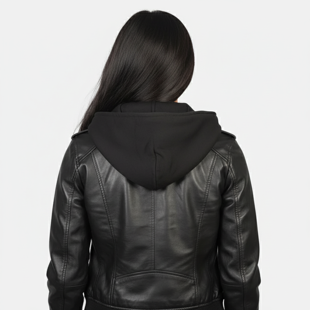 Roslyn Black Hooded Black Leather Bomber Jacket