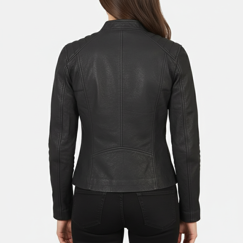Kelsee Distressed Black Leather Biker Jacket