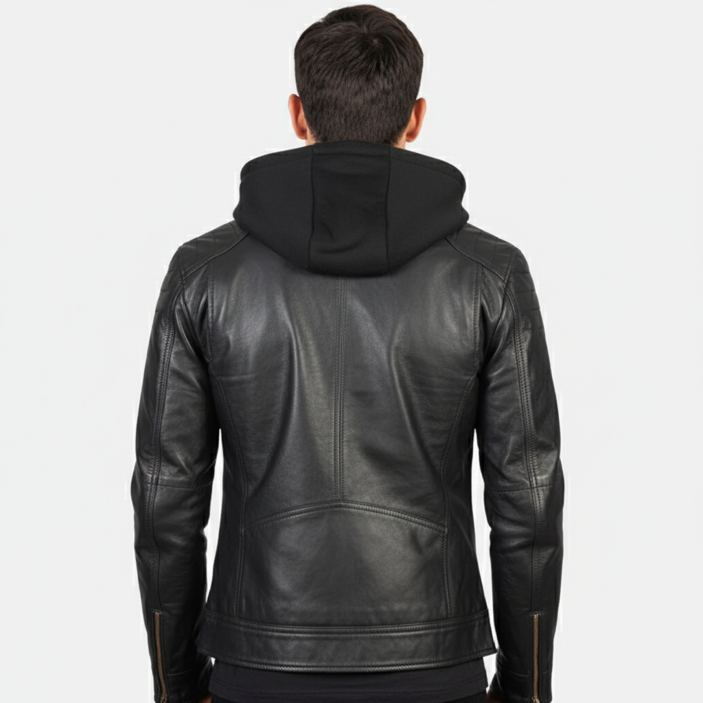 Hector Black Hooded Leather Biker Jacket